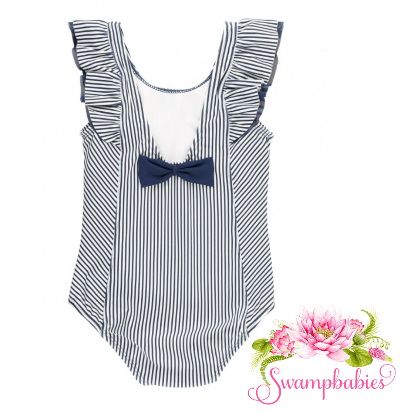 RuffleButts Navy Stripe Waterfall One-Piece Swimsuit