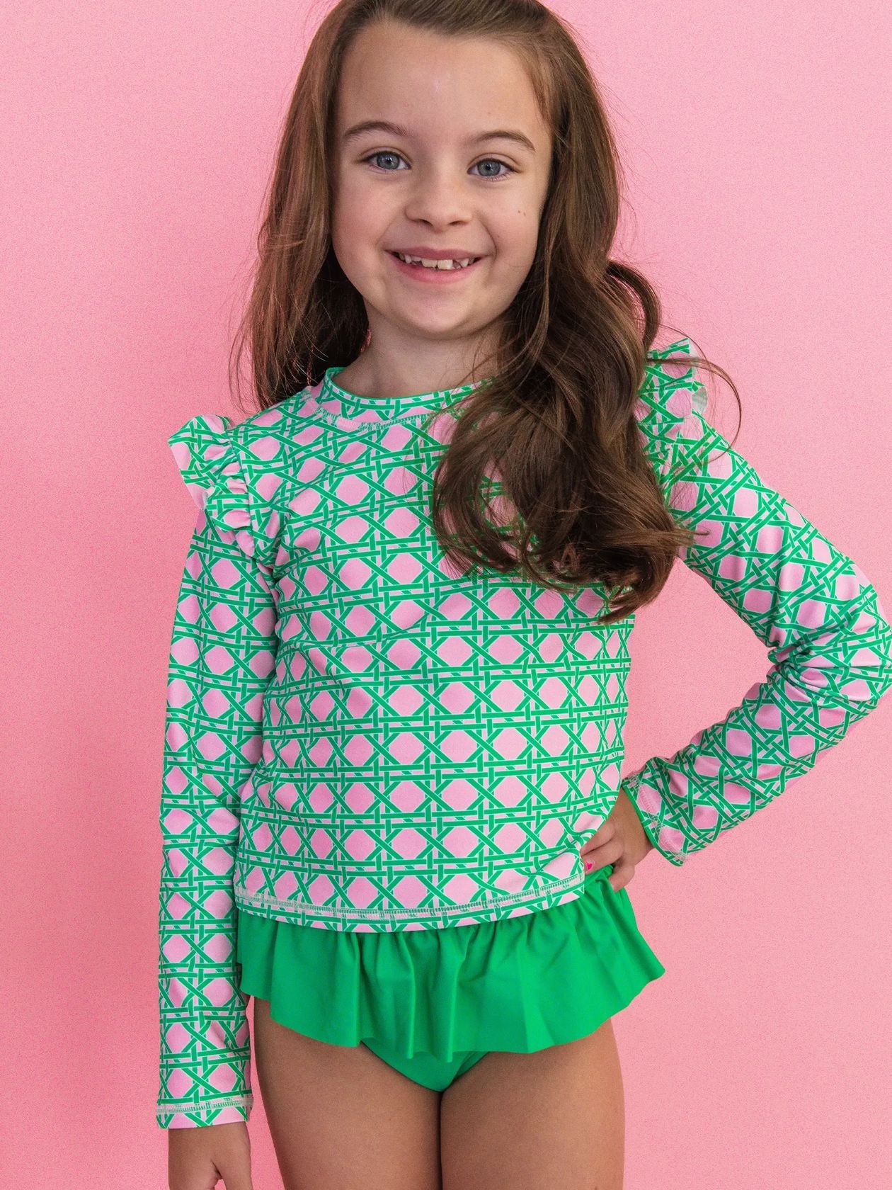 Pink Coastal Cane Flutter Long Sleeve Rash Guard Skirted 2-Piece Swimsuit