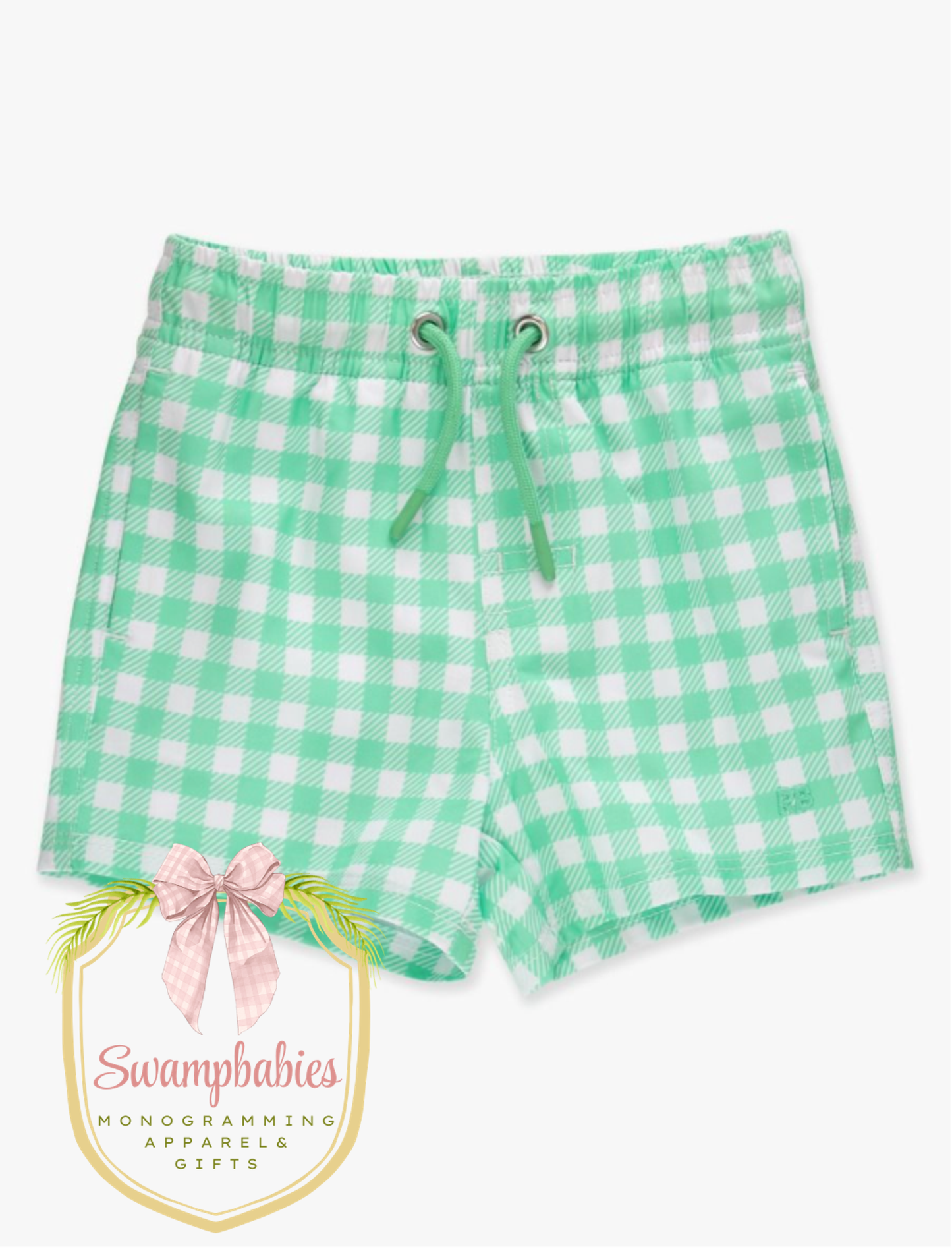 Boys Spring Green Gingham Performance Hybrid Swim Trunks