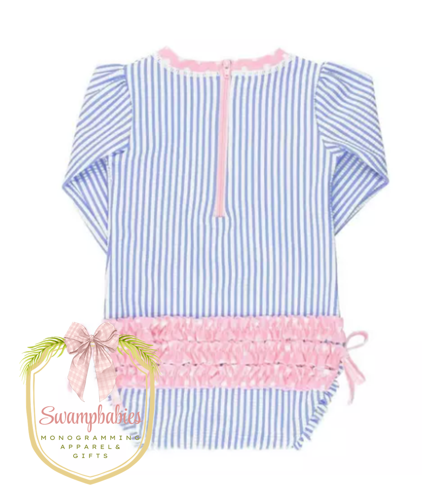 Girls Periwinkle Blue Seersucker Long Sleeve One Piece Rash Guard Swimsuit