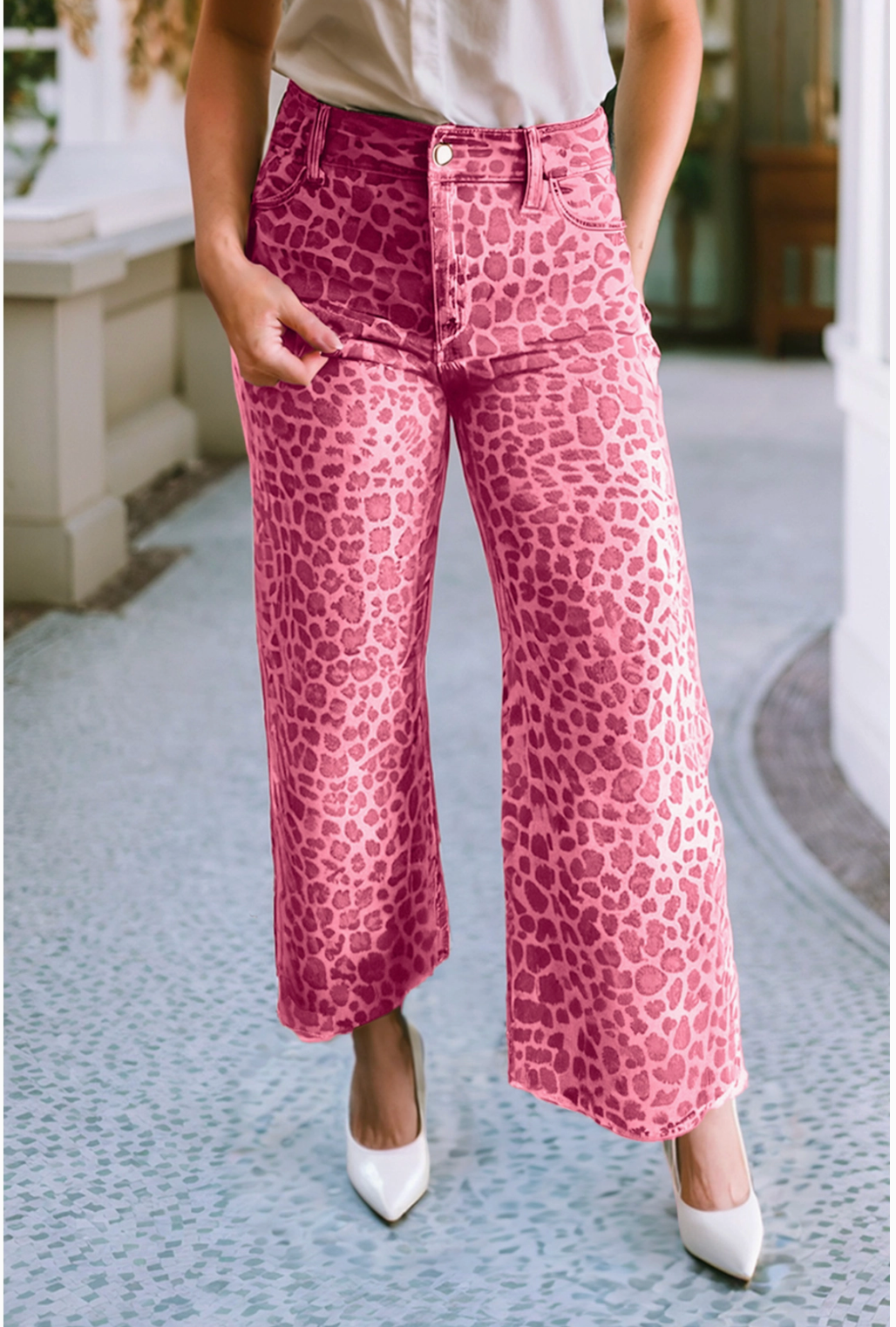 ROSE - Leopard Frayed Edge Wide Leg High Waist Jeans