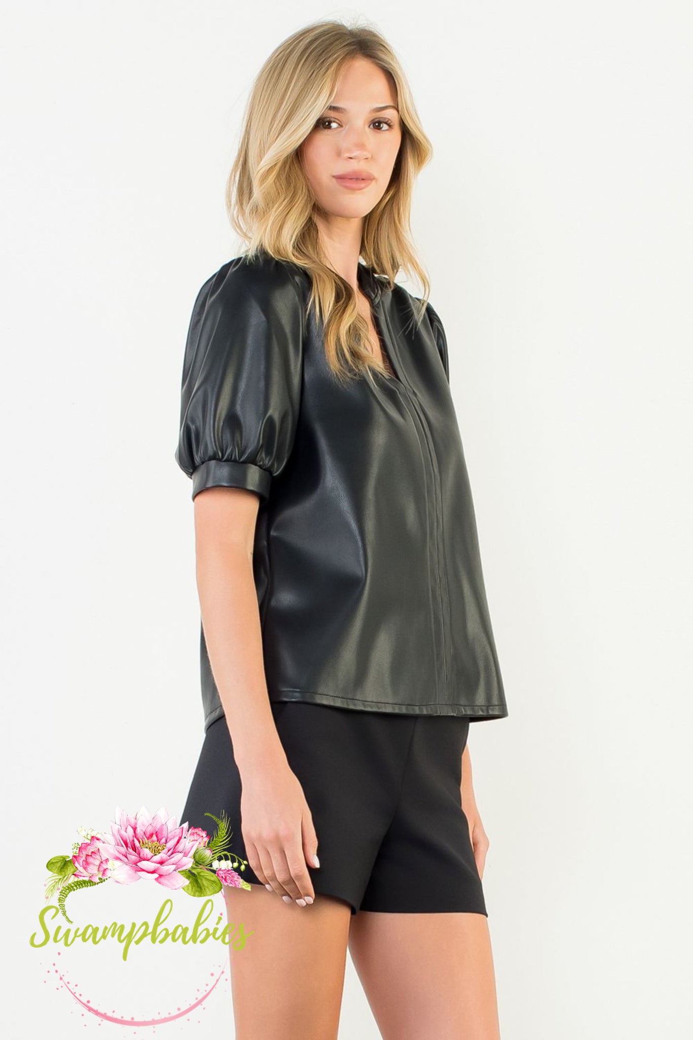 Black Puff Sleeve Faux Leather Top