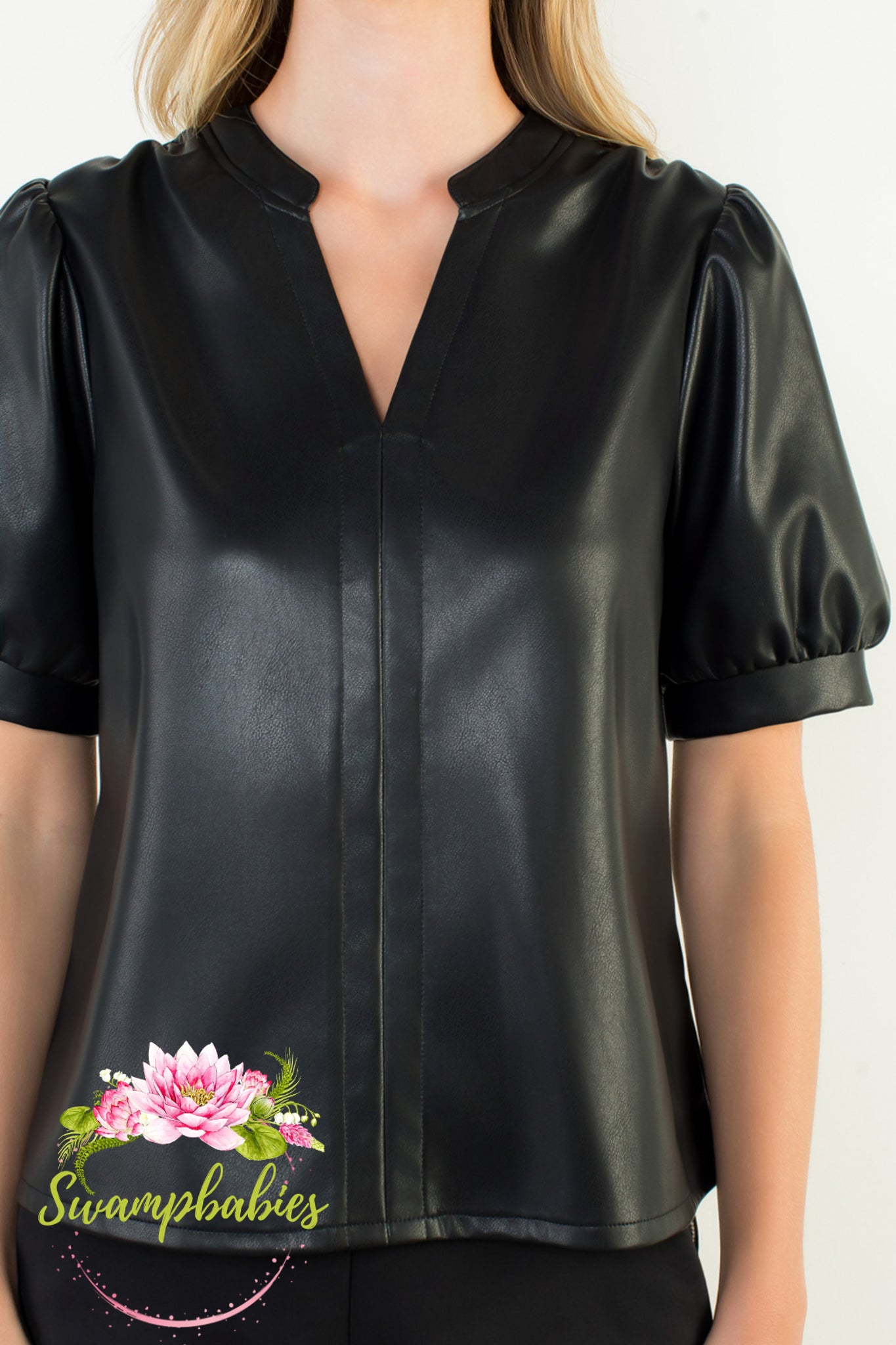 Black Puff Sleeve Faux Leather Top
