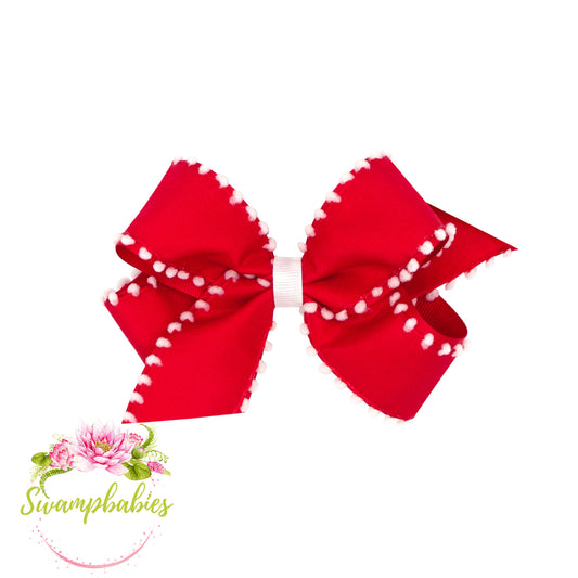 Medium Holiday Style Pom-Pom Edge Grosgrain Overlay Girls Hair Bow