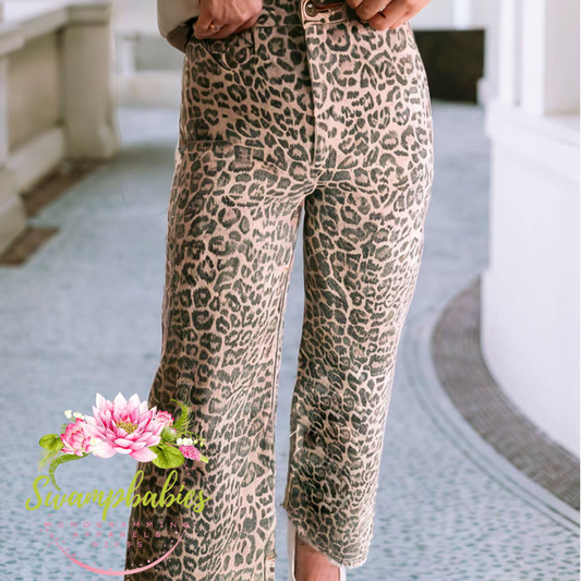 Leopard Frayed Edge Wide Leg High Waist Jeans