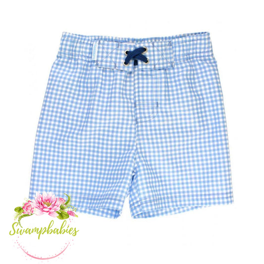 Boys' Cornflower Blue Gingham Swim Trunks
