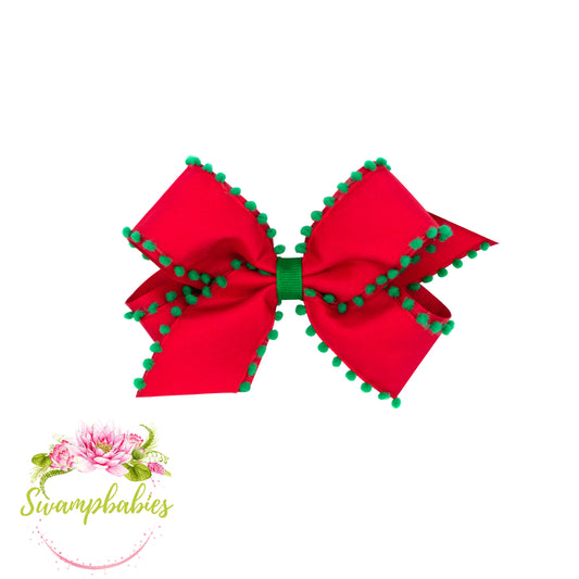 King Holiday Style Pom-Pom Edge Grosgrain Overlay Girls Hair Bow