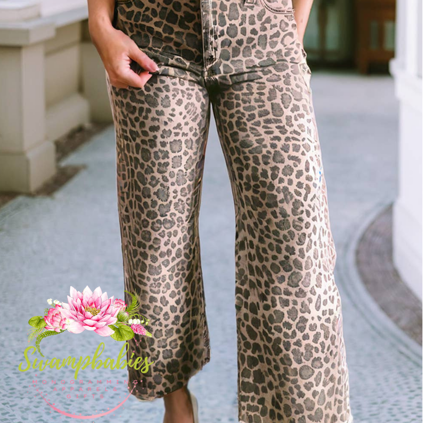 Leopard Frayed Edge Wide Leg High Waist Jeans