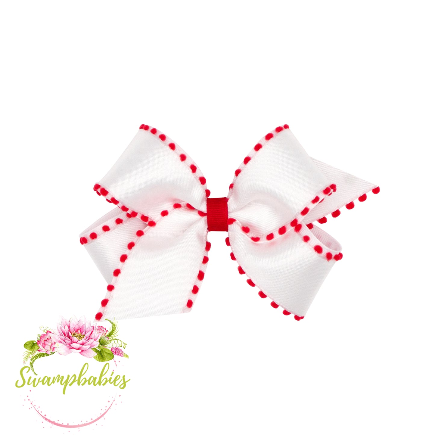 Medium Holiday Style Pom-Pom Edge Grosgrain Overlay Girls Hair Bow