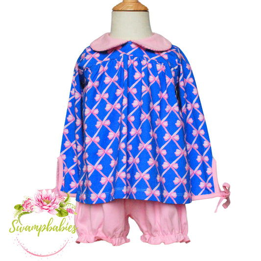 Mary Charlotte Blue and Pink Bow Bloomer Set