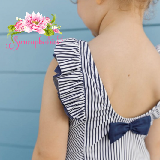 RuffleButts Navy Stripe Waterfall One-Piece Swimsuit