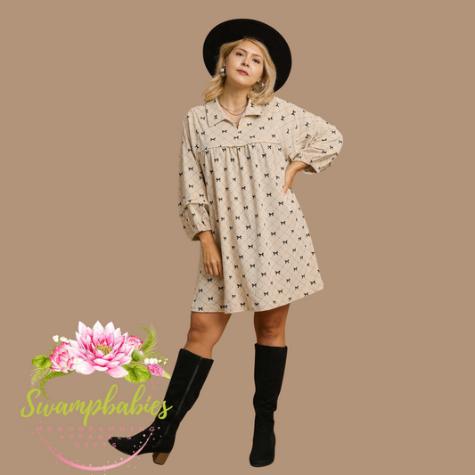 Corduroy Bow Print Babydoll Dress - PLUS