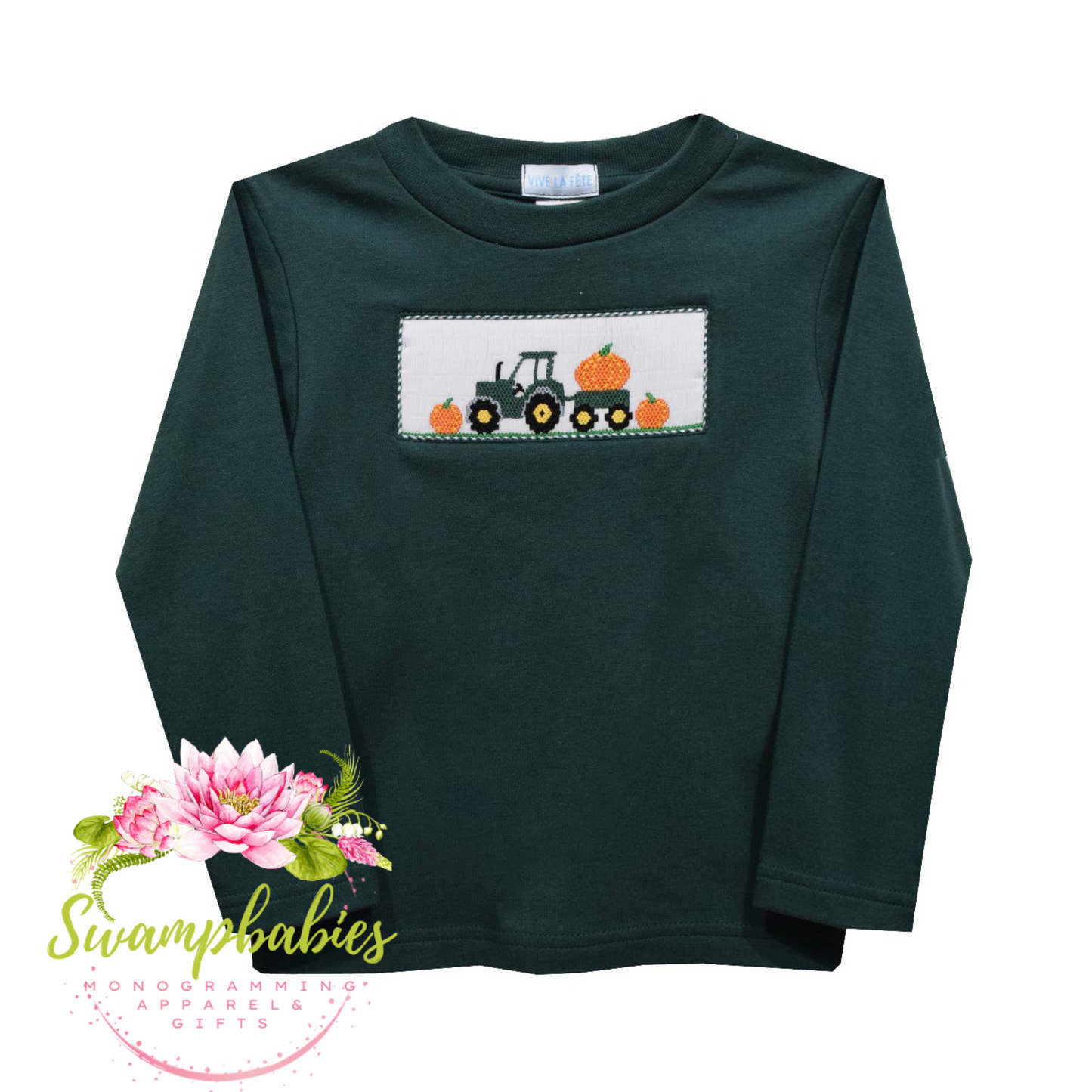 Tractor with Pumpkins Smocked Hunter Green T-Shirt