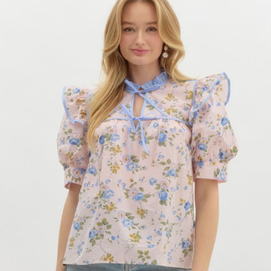 Coral Floral Puff Sleeve Top
