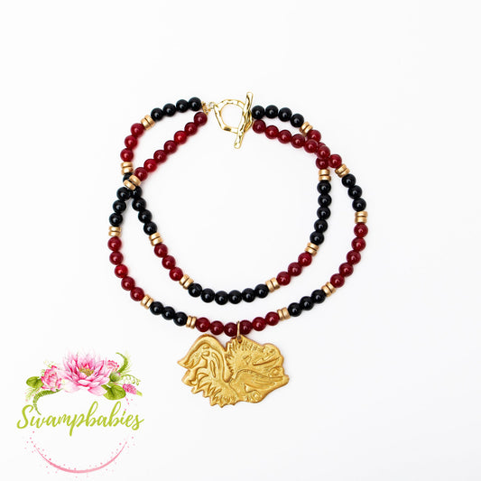 Garnet & Black Double Jade with Gamecock Medallion