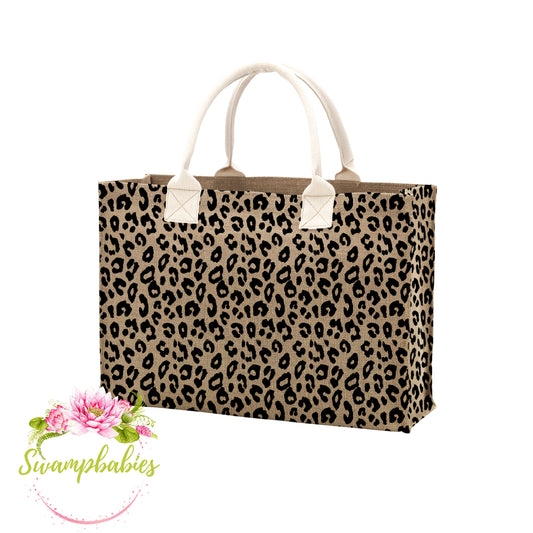 Leopard Burlap Tote Bag