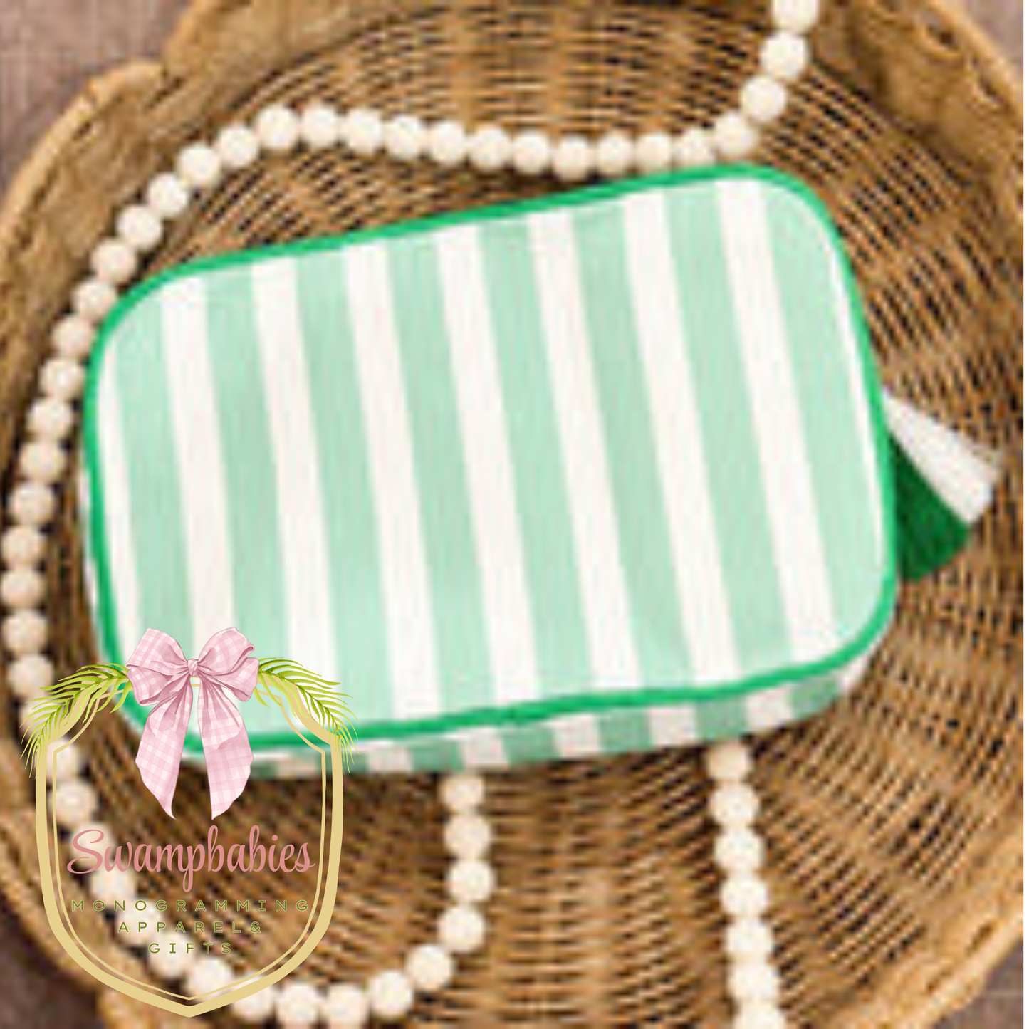 Green and white striped pouch 