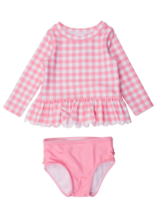 Bubblegum Gingham Scallop Long Sleeve 2-piece Swimsuit
