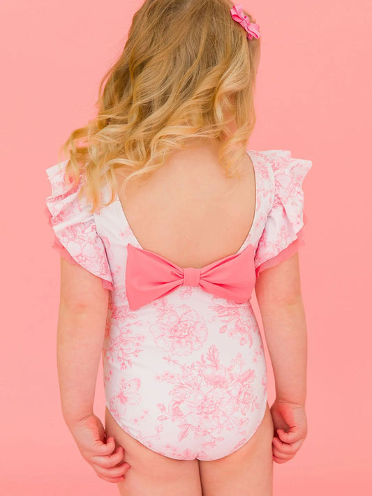 Pink Butterfly Garden Toile  One Piece Swimsuit