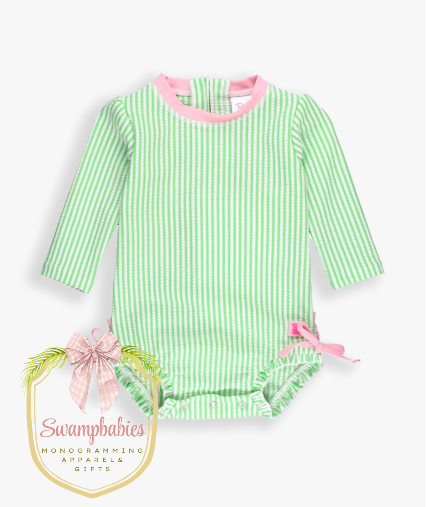 Girls Spring Green Seersucker Long Sleeve One Piece Rash Guard Swimsuit