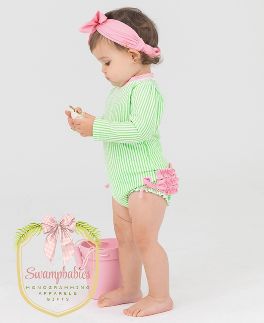 Girls Spring Green Seersucker Long Sleeve One Piece Rash Guard Swimsuit