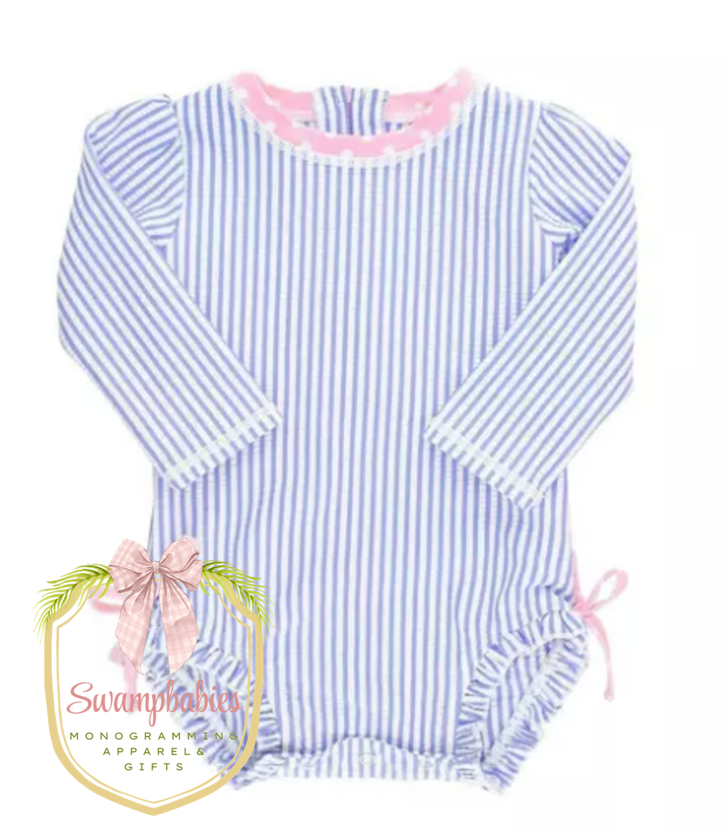 Girls Periwinkle Blue Seersucker Long Sleeve One Piece Rash Guard Swimsuit