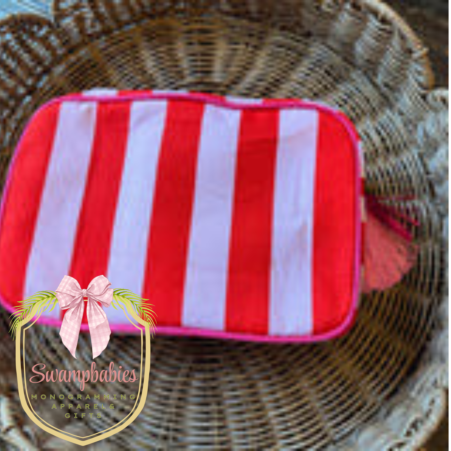 Red and white striped cosmetic bag
