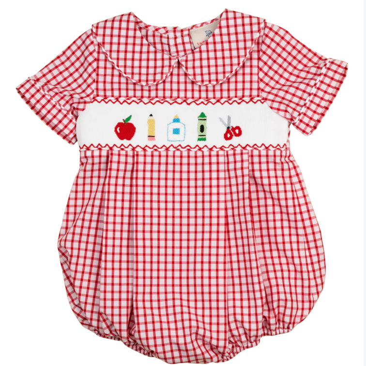School Supplies Smocked Red Windowpane Boy Bubble