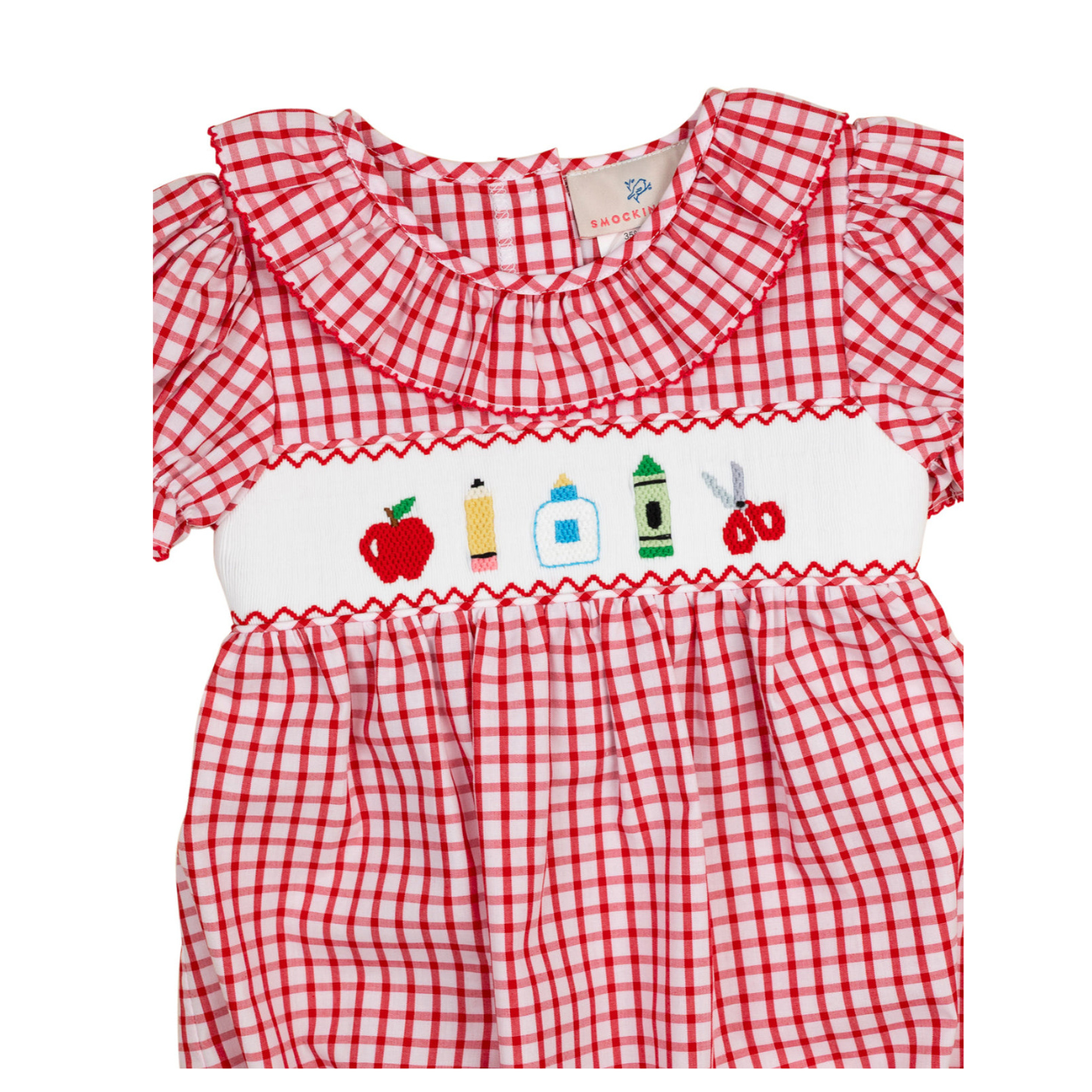 Smocked School Supplies Red Windowpane Girl Bubble