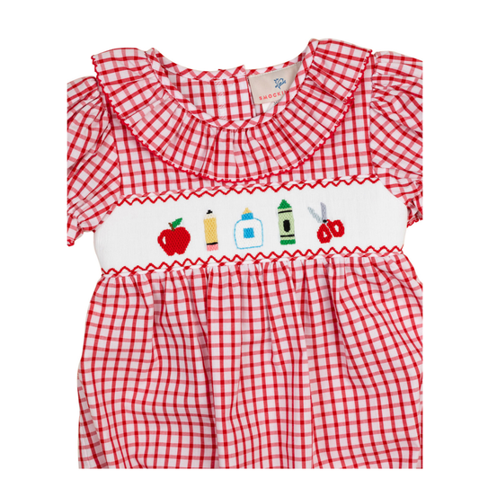 Smocked School Supplies Red Windowpane Girl Bubble