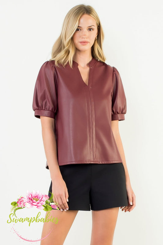 Burgundy Puff Sleeve Faux Leather Top