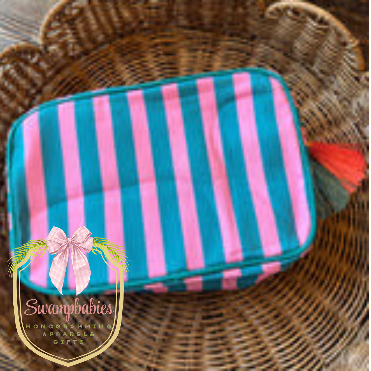 Teal and pink striped pouch with tassel 