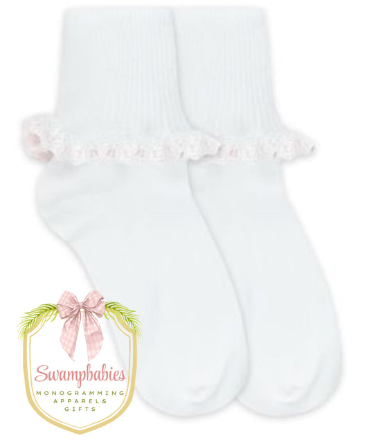 Girls White with Pink Tutu Ruffle Lace Turn Cuff Socks