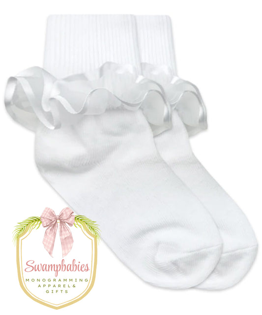 Girls White with White Tutu Ruffle Lace Turn Cuff Socks